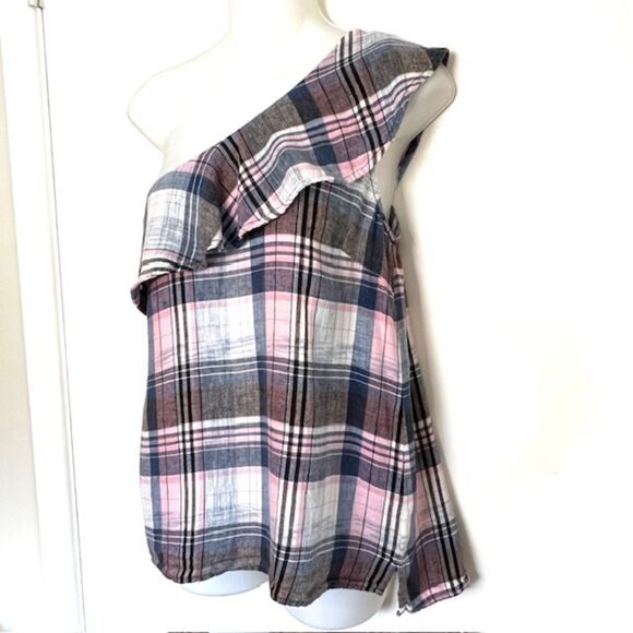 ANTHRO CLOTH & STONE PINK & BLUE PLAID ONE SHOULDER LINEN BLEND TOP SIZE LARGE - Picture 4 of 11
